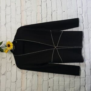 Tahari cardigan long sleeve black w/ white stitching detail silver clasp Rayon